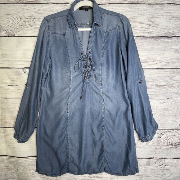 Black Label C’est Toi Chambray Denim Dress SZ‎ L Lace Up Corset Collar Western - Picture 1 of 16